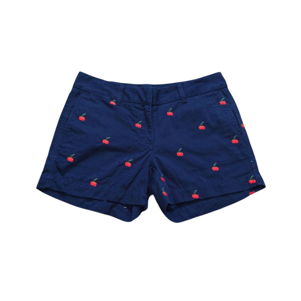 J. Crew Women's Size 2 Navy Chino Shorts Embroidered Tomato Red Cherries EUC